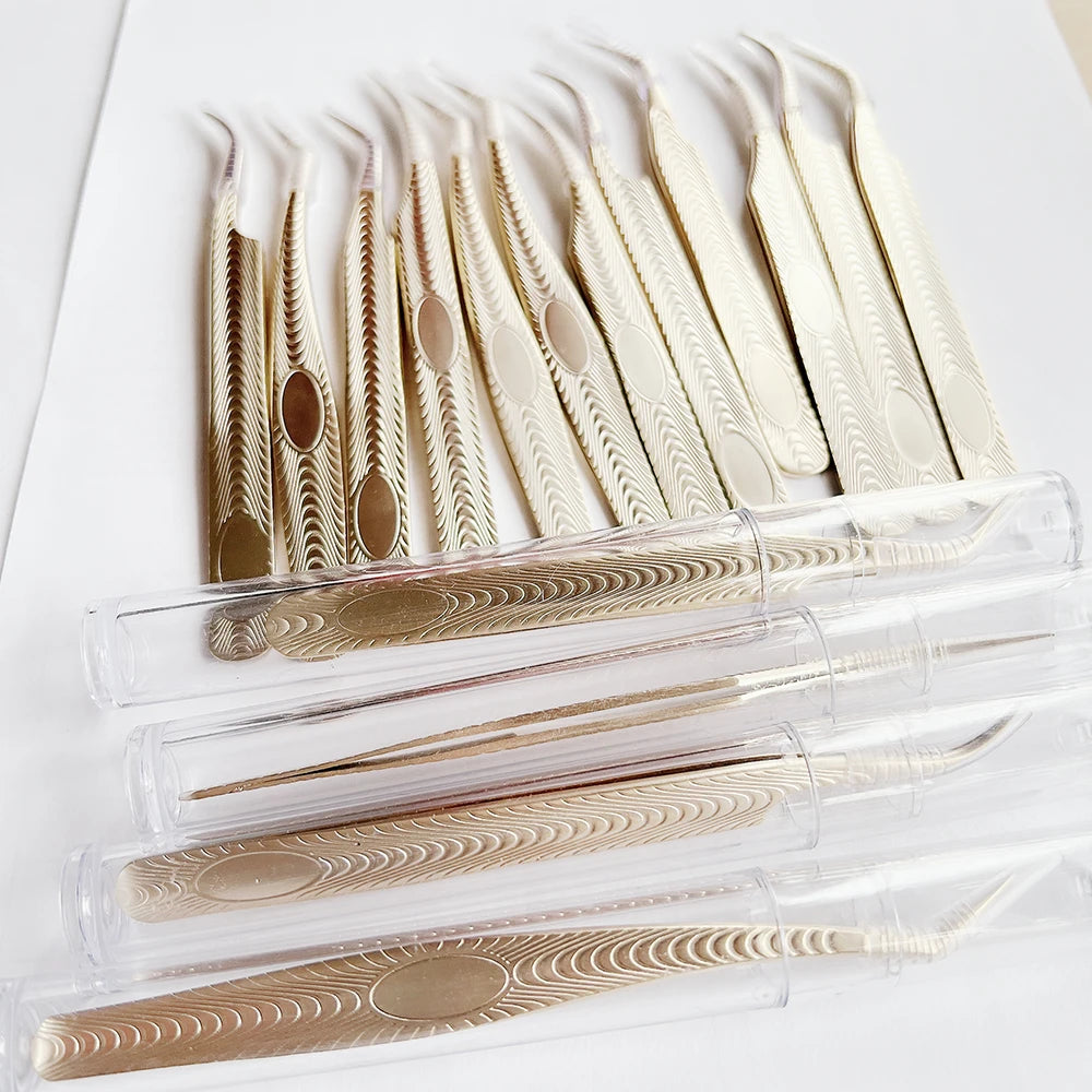 Wholesale Gold Eyelash Extension Tweezers Custom Logo Volume Lash Extension Tweezers Pink Eyelash Tweezers