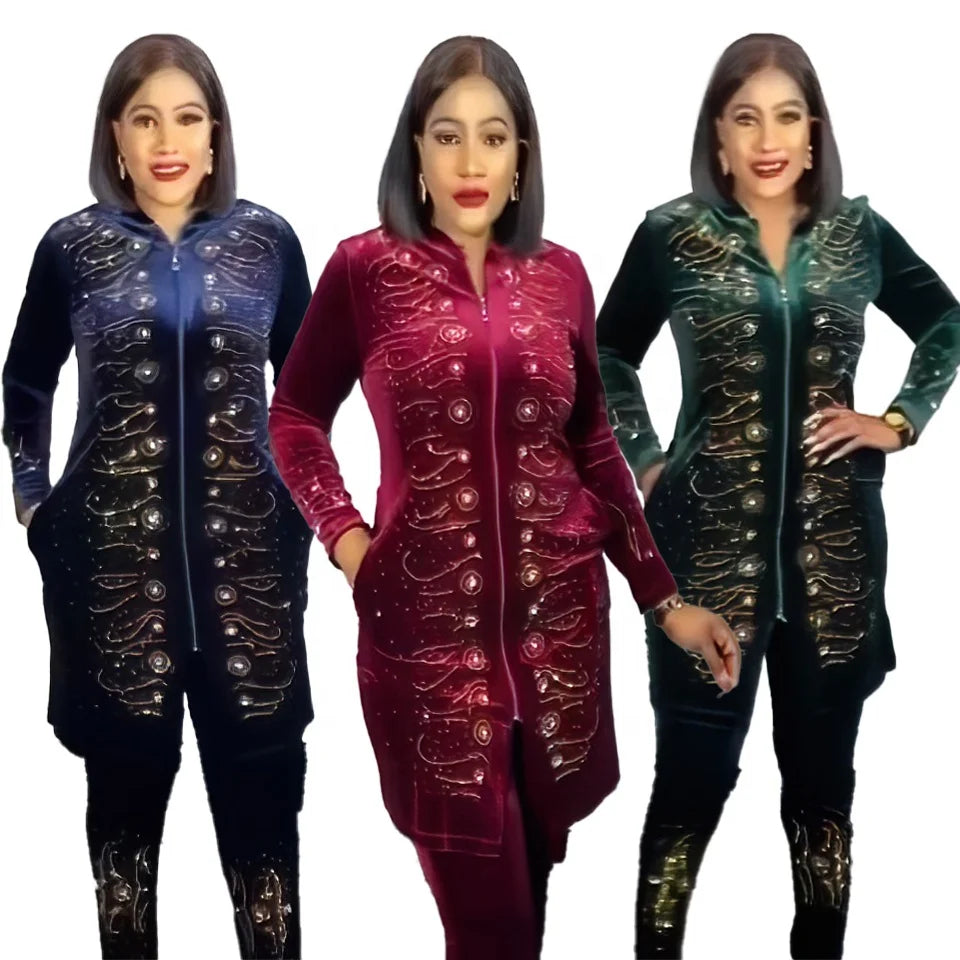 Good Quality Two Piece Pants Set Velvet Fabric African Kanga Clothing Summer Luxury Rhinestones Office Suit Women's Clothing