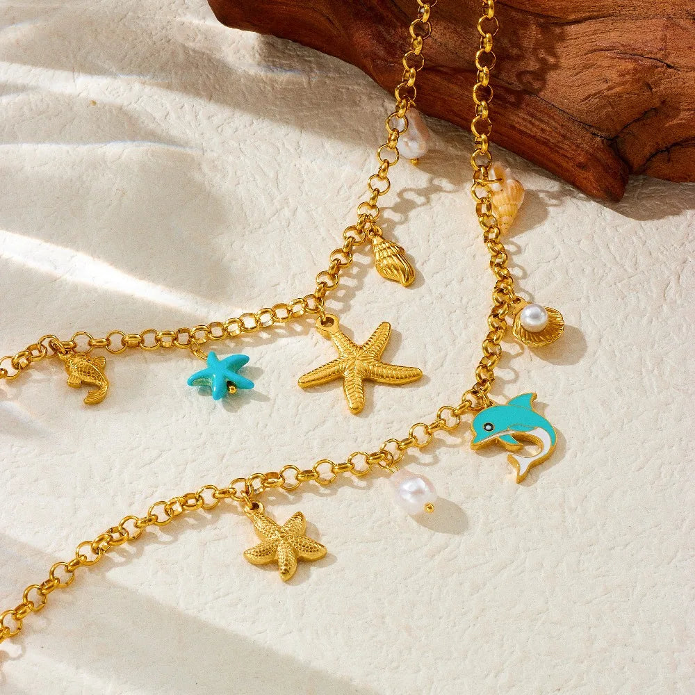 2025 Summer Trendy Stainless Steel 18K Gold Plated Starfish Pendant Necklace Link Chain Series for Women Ocean Inspired Jewelry