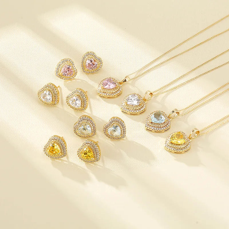 High-end Fashion Jewelry Pink Heart Necklace Earrings Set Love Copper Colorful Zircon Wedding Jewelry Set for Women