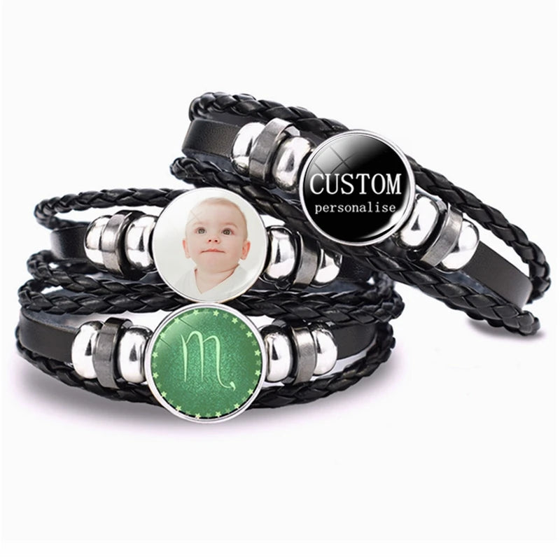 Custom DIY  Personality Photo Bracelet Black Leather Woven Luminous Glass Cabochon Bead Bracelet for Men Women Special Gifts