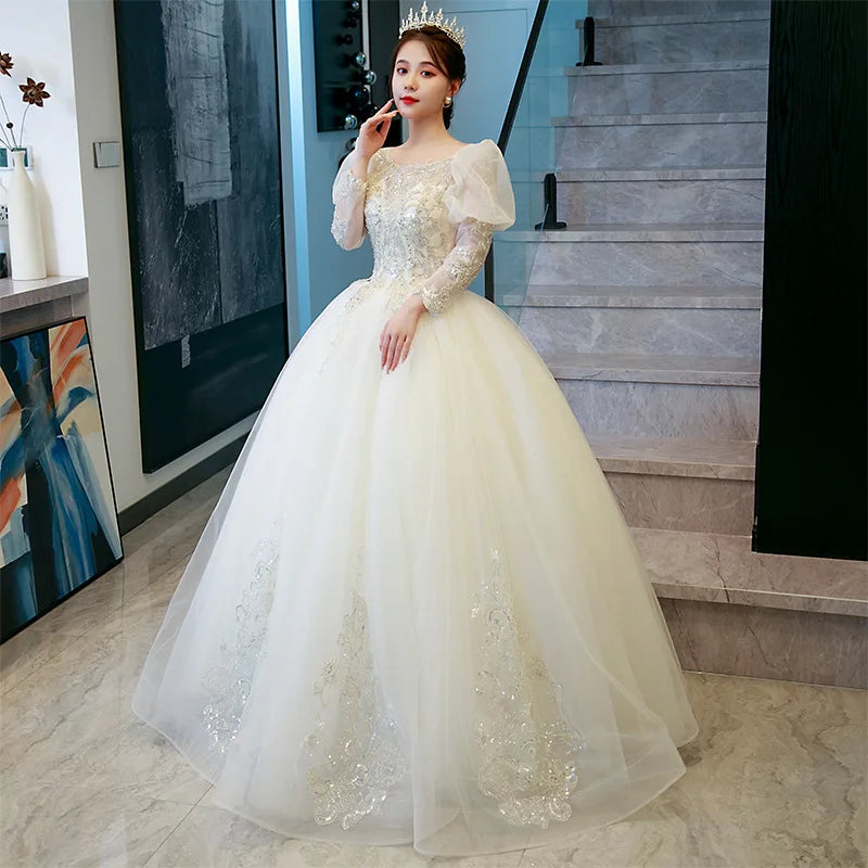 2022 Puffy Long Sleeve Champagne Wedding Dresses Lace Appliques Shiny Sequin Vintage Bridal Dress Wedding Gowns