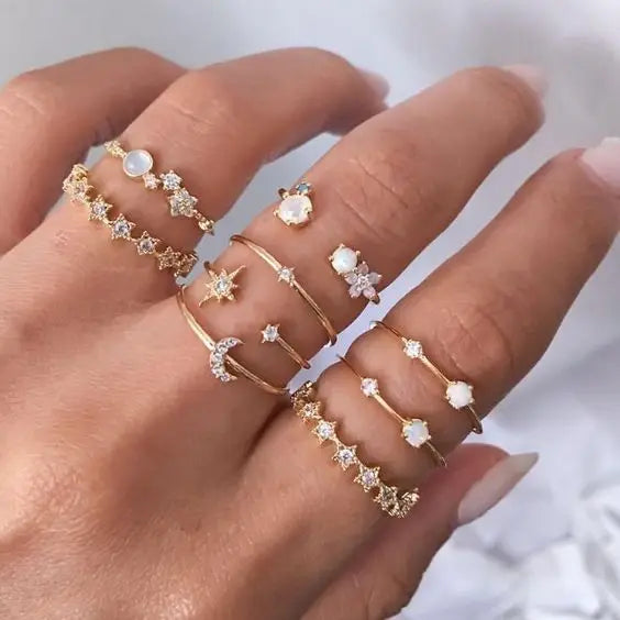 Boho Vintage Gold Star Knuckle Rings for Women BOHO Crystal Star Crescent Geometric Female Finger Rings Set Jewelry 2020
