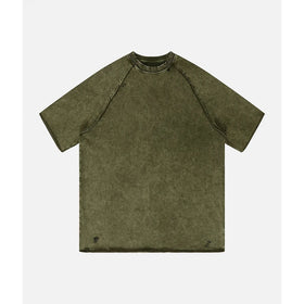 Retro Vintage French Terry Cotton Sleeve T-Shirt Distressed Acid Washed with Stone Effect 100% Cotton