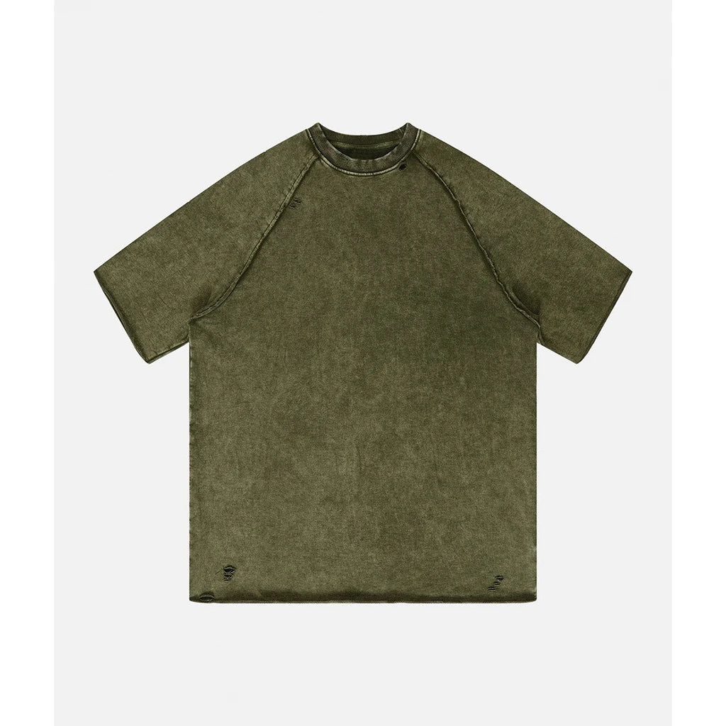 Retro Vintage French Terry Cotton Sleeve T-Shirt Distressed Acid Washed with Stone Effect 100% Cotton
