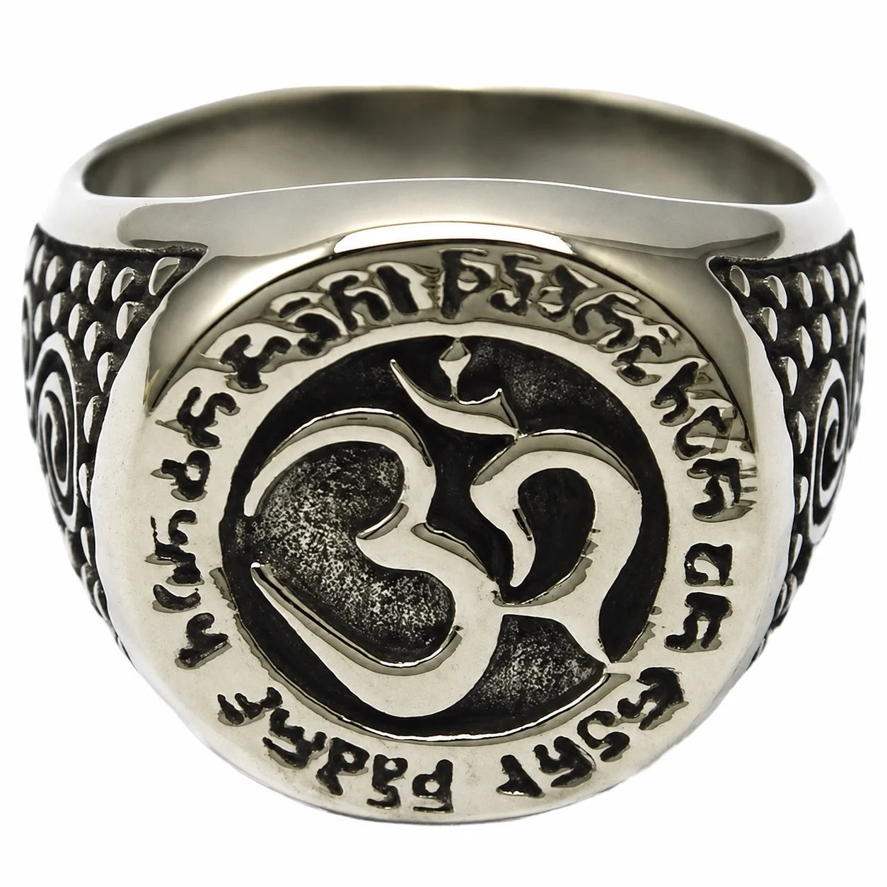 Vintage Buddhism Stainless Steel Cluster Ring Gold Plated Round Signet Engraved Om Mani Padme Hum Mantra Elegant Signet Ring