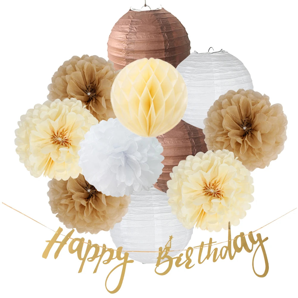 Wholesale Gold Happy Birthday Hanging Paper Pom Pom Letter Banner Honeycomb Ball Birthday Party Decoration Set