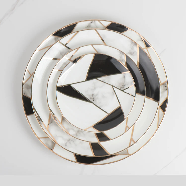 Luxury Black Marble Print With Gold Rim Glazed Porcelain Dinner Set High-end Bone China Plates for Modern Home&wedding Plates