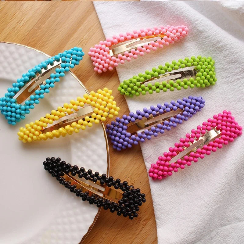 Fashion Lady Girls Plastic Waterdrop & Square Shape Solid Color Bead Hairpin Stylish Hair Clips