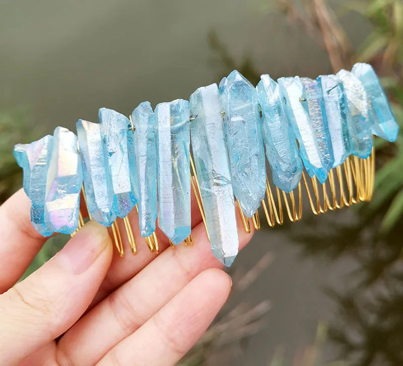 HZ 100% Genuine Wedding Hair Accessories Natural Crystal Electroplating Multicolored Sky Blue Color Hair Comb