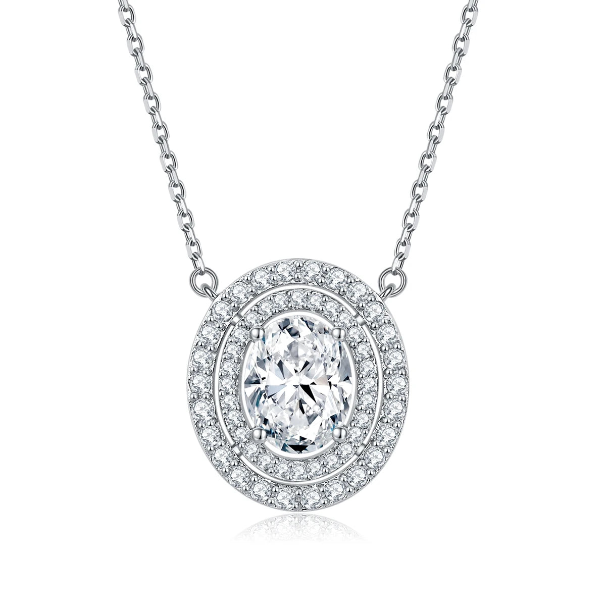 Oval Double Halo Sterling Silver Pendant Necklace