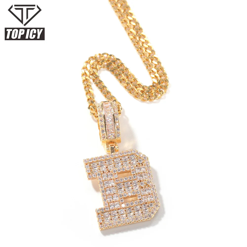 New Items Hip Hop Brass CZ Baguette Letter Pendant Necklace A-Z Initial White Gold/ Gold Color Letters Pendant Iced Out Jewelry