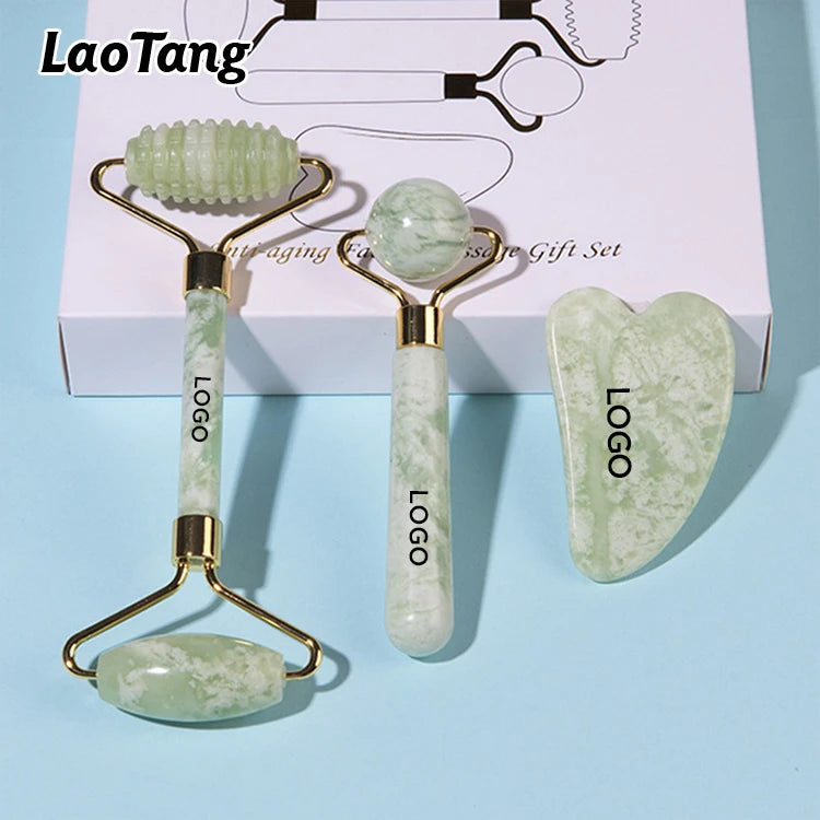 Natural Green Jade Roller Gua Sha Board Stone Set for Scraping Therapy Facial Massage Tool