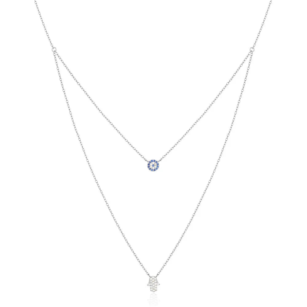 E Vil Eye Hamsa Hand Charm 925 Sterling Silver Double Layer Necklace Silver 925 Necklaces for Women Fine Jewelry Necklaces