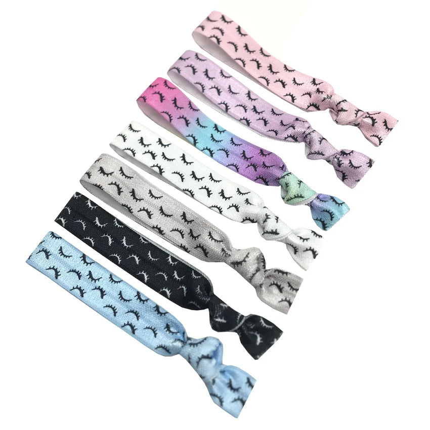 500pcs Eyelashes Printed Elastic Hair Band Girls Ponytail Holder Eyelash Hair Tie Bracelet Wristband 12 Colors Headwear
