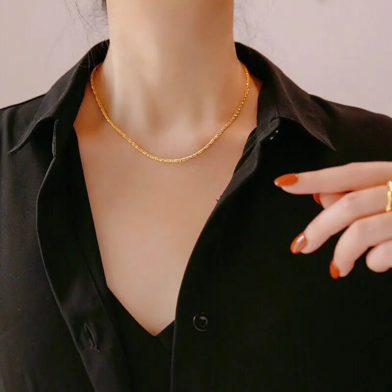 Shiny Thin Water Wave Chain Starburst Fishbone Choker Stainless Steel  Necklaces for Women Glossy Plain Minimalist Jewelry