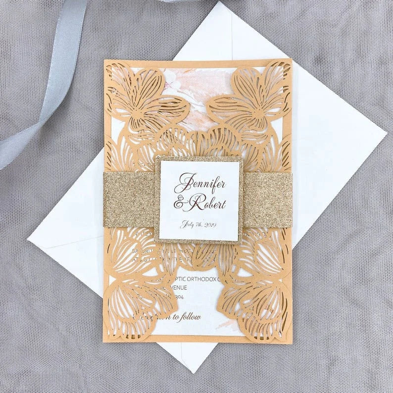 Wholesale Wedding Card Laser Cutout European Style Champagne Gold Holiday Invitation