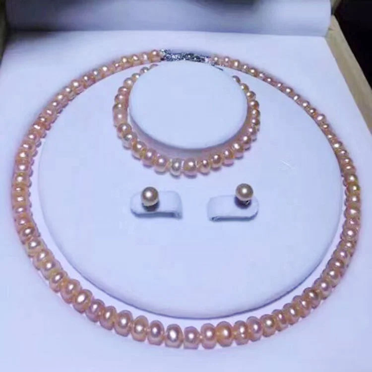 Factory Price AA 7-8mm Button Round Natural Freshwater Pearl Jewelry Set for Bridal Wedding