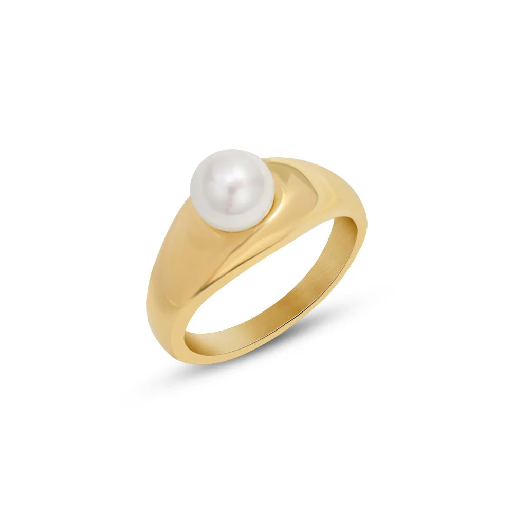 Factory Direct Sale Imitation Pearl Ring Titanium Steel Plated with 18k Gold Stainless Steel Pearl Ring for Young Lady