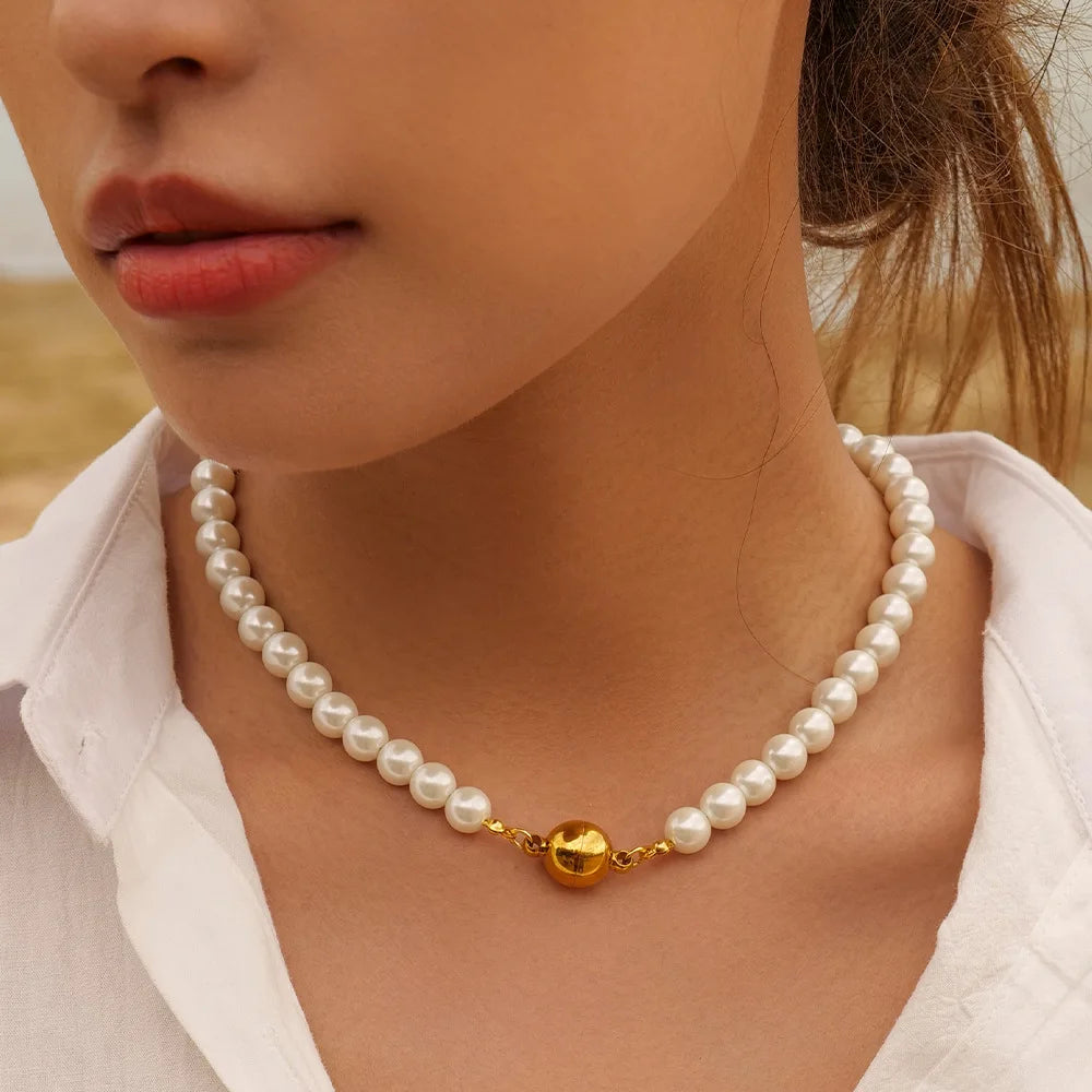 Magentice Charm 18K Gold Plated Stainless Steel Jewelry Gift Waterproof Shell Pearl Choker Necklace for Women