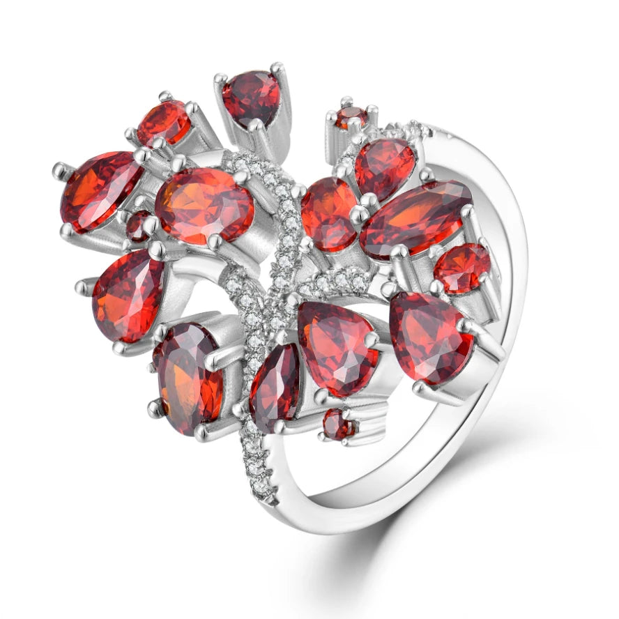 925 Sterling Silver Red Garnet Gemstone Cocktail Ring Rhodium Plated CZ Statement Garnet Ring for Women