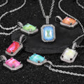 Fluorescent square Solid Zircon Colored Jewel Pendant Men's and Women's Micro-inset Zircon Necklace with Rope Chain Punk Style