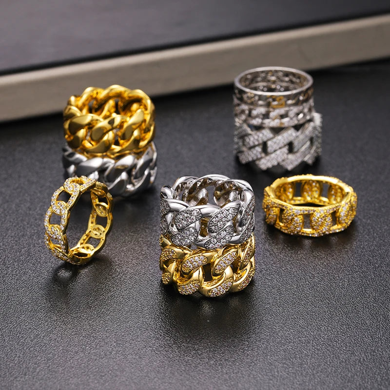 Wholesale Hip Hop Jewelry Fashion Luxury 14K 18K Gold Plated Brass 5A CZ Zircon Diamond Iced Out Cuban Ring for Men Women
