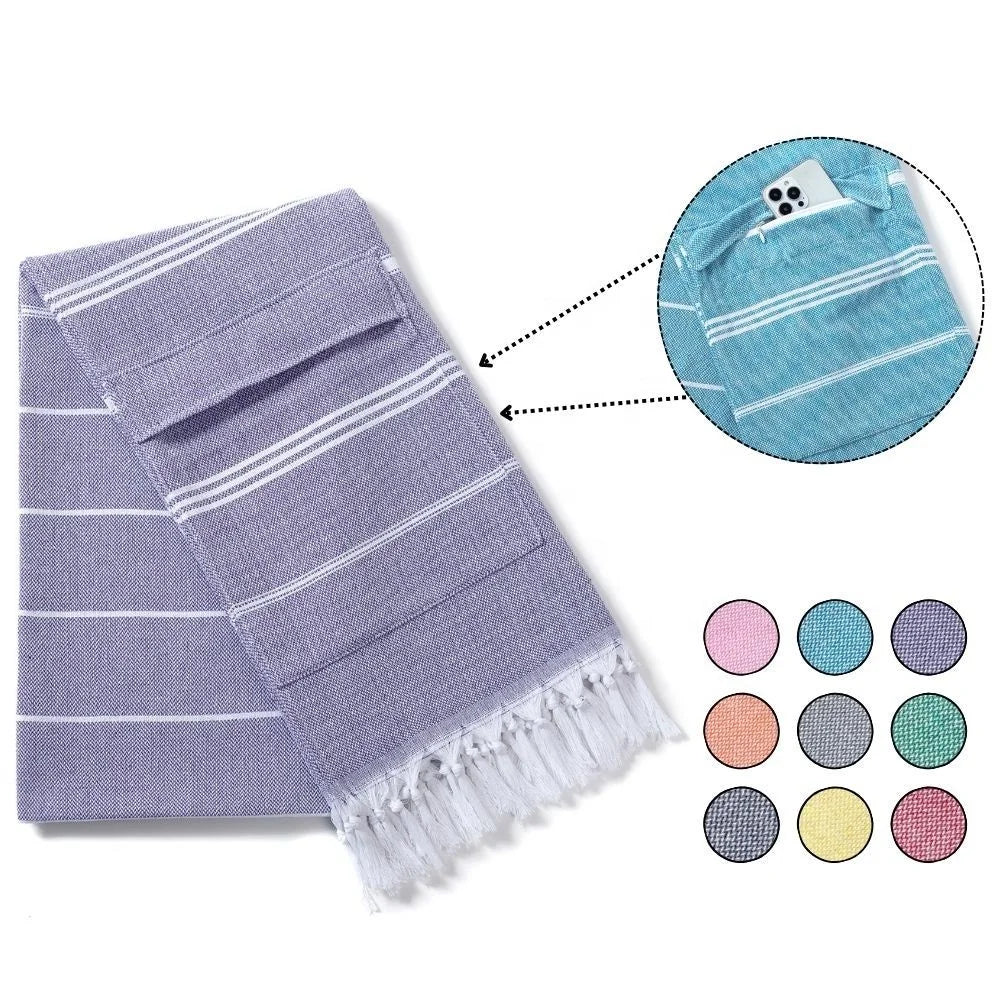 Custom Lightweight Compact Sand Free Cotton Turkish Beach Bath Towel With Pocket