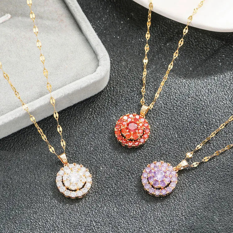 SC Shiny Luxury Rotatable 3A Zircon Necklace TikTok Stainless Steel Full Diamond Round Pendant Spinning Necklace for Women