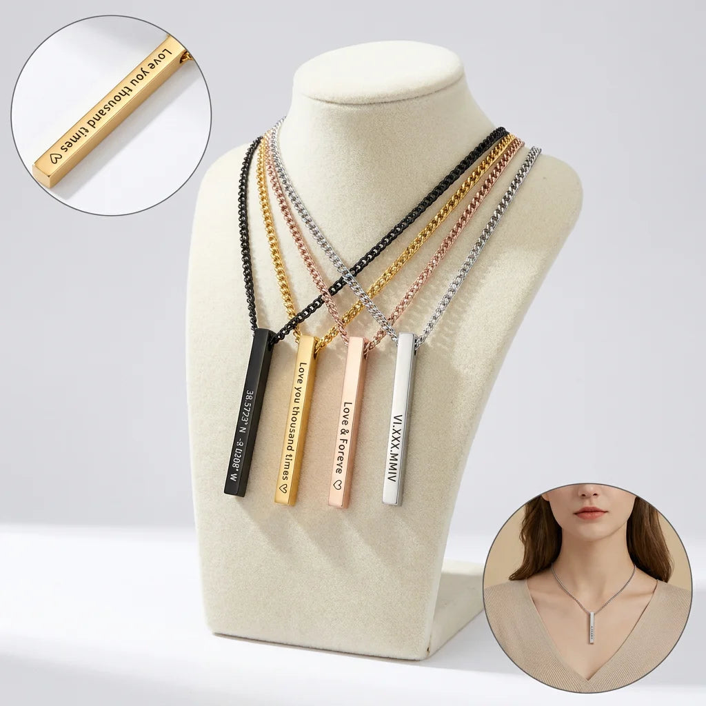 Yiwu Aceon Stainless Steel Custom Coordinate Name OEM Your Size Shinny Polished DIY Laser Engrave 4D Thick Long Bar Necklace
