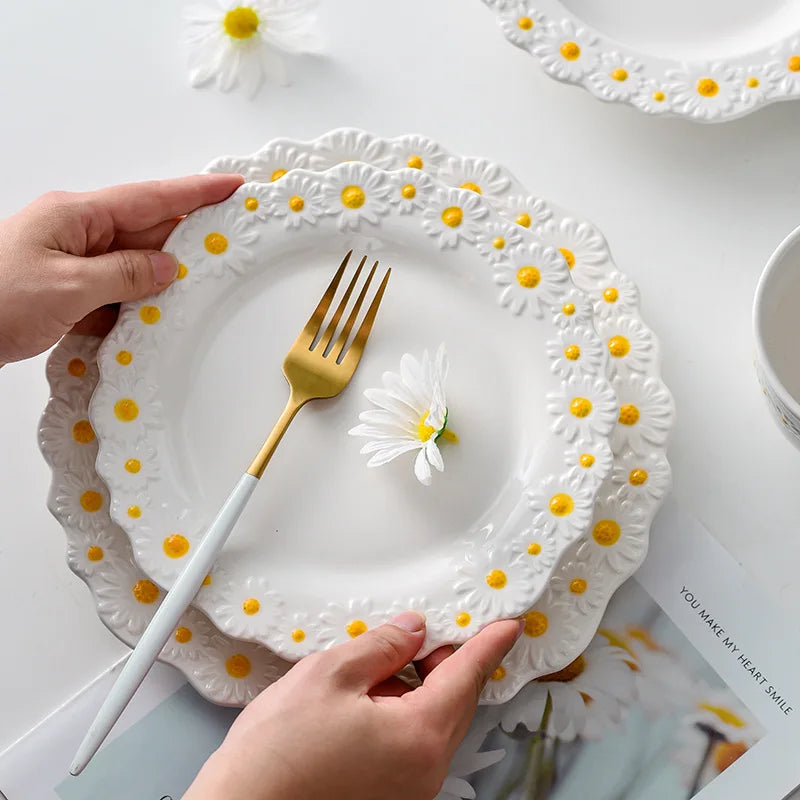 Solhui Ceramic Daisy Salad Plate Bowls Mugs Set Under Glazed Steak Plates Tableware Sets