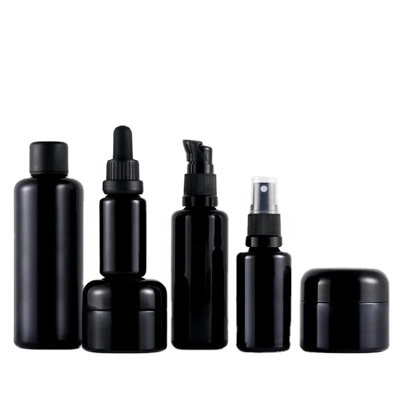 10ml 15ml 30ml 50ml 100ml Black UV Glass Perfume Oil Use Violet Glass Dropper Pump Spray Bottle and Cream Jars