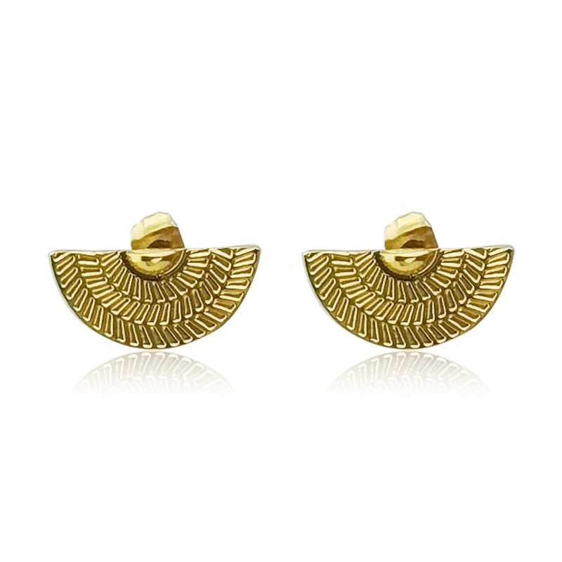 Latest 18K Gold Plated Stainless Steel Jewelry Semicircle Fan-Shaped Piercing Ear Stud for Women Accessories Earrings E221425