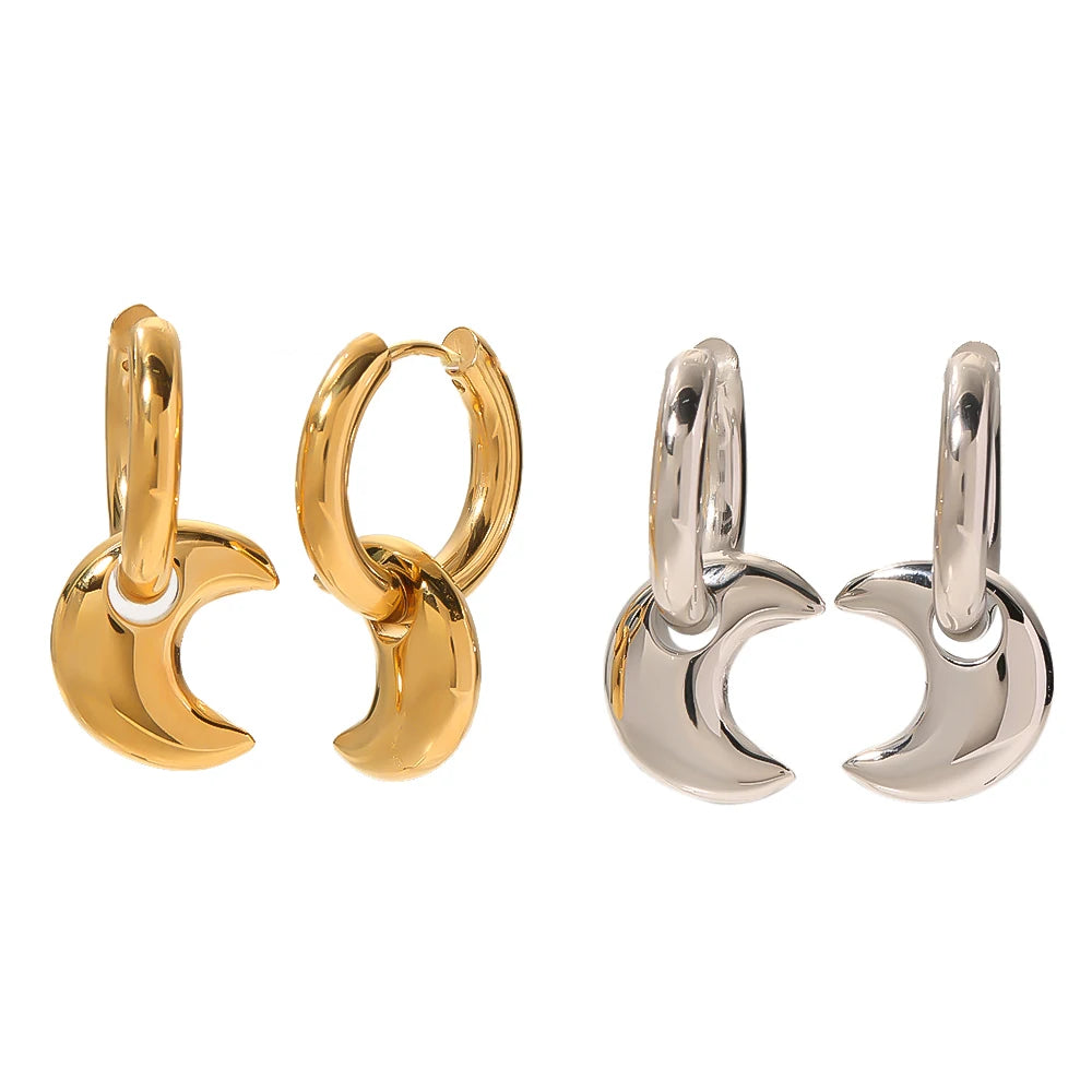 Female French Fashionable Titanium Steel Geometric Moon Pendant Earrings Moon Ring Pendant Earrings for Girls
