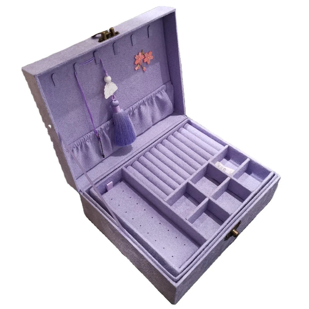 Velvet Flannel Double Layer Purple Retro Jewelry Box Wooden Gift Jewelry Box with Lock for Ring Necklace Storage
