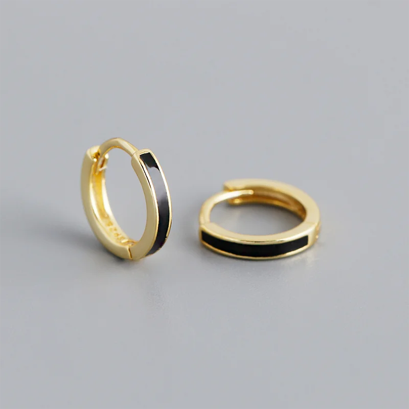 Simple Circle Drip Oil Ear Buckle 925 Sterling Silver Earrings Gold Plated Fine Jewelry Black Enamel Hoop Trendy Wedding