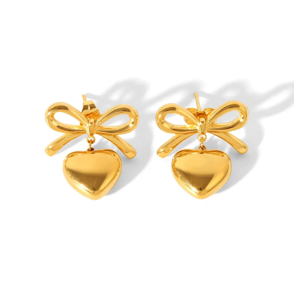 Elegant 18K Gold Stainless Steel Heart Pendant Earrings Fashion Jewelry 2024 Titanium Steel Bow Pendant Earrings