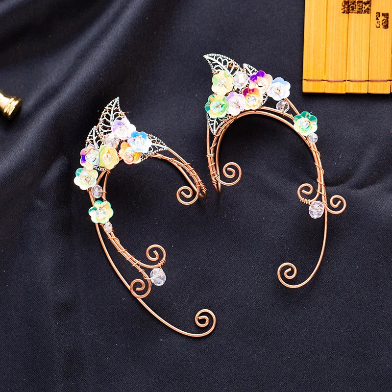 2022 New Colorful Flower No Pierced Clip on Earring Crystal Beads Elves Fairy Ear Cuff Earrings for Women