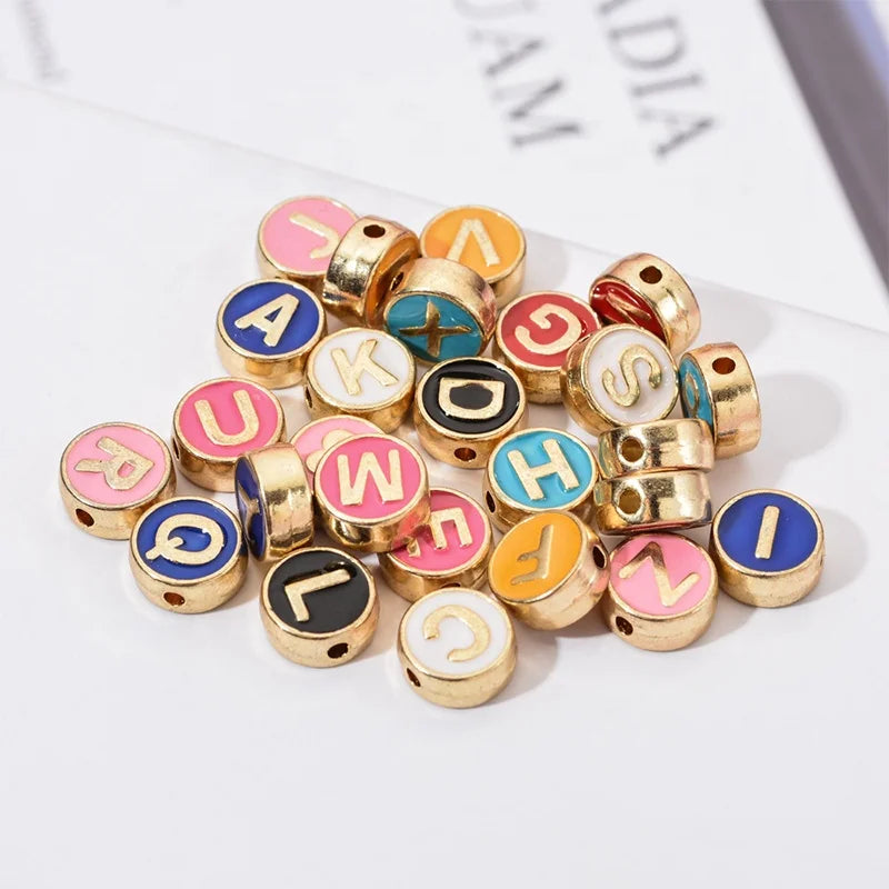 100pcs/bag 8MM Round Gold Enamel Alphabet Charms Bead Mixed Letter Spacer Loose Beads for DIY Jewelry Making