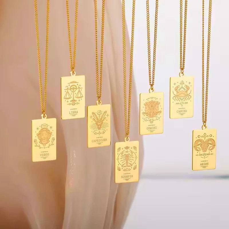 Fashion Square Brand 12 Zodiac Sign Necklace Tarot Totem Non Tarnish Stainless Steel Collar Chain Necklace Fashion Jewelry