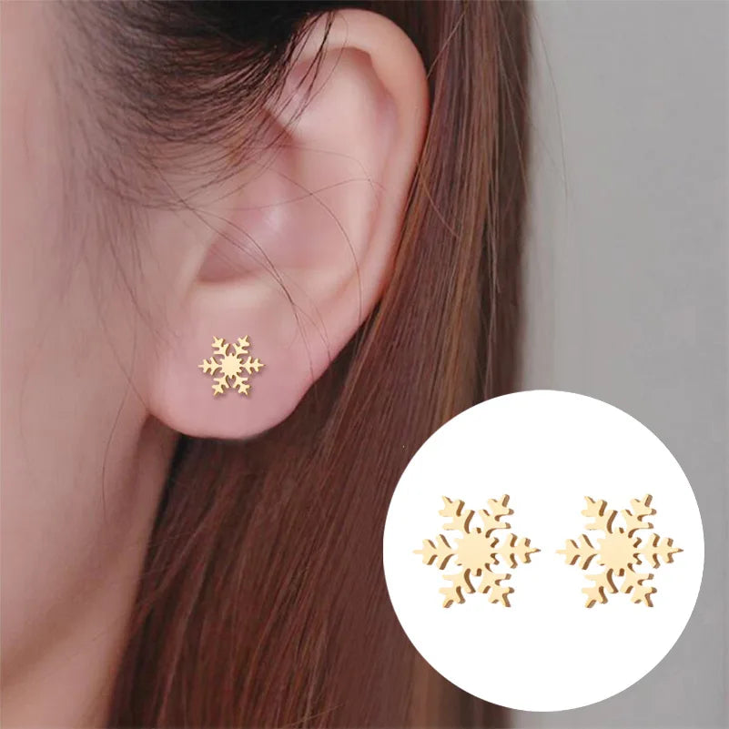 INS Style Stainless Steel Hypoallergenic Stud Earrings Cute Snowflake Personality Ear Stud Christmas Present for Women