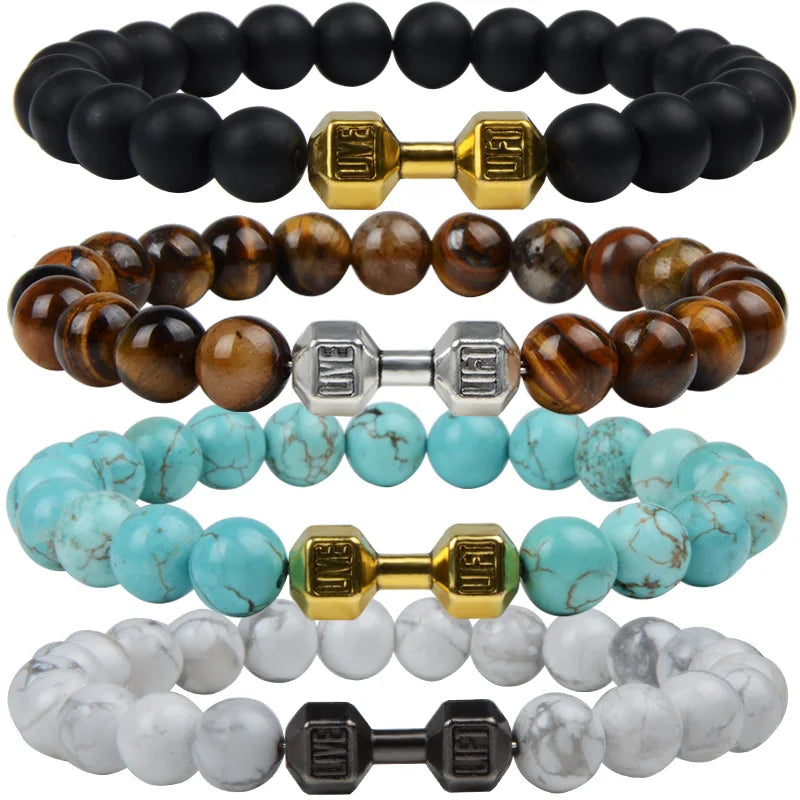 Natural Black Volcanic Lava Stone Dumbbell Bracelet Black Matte Beads Bracelets for Women Men Fitness Barbell Jewelry Pulseras