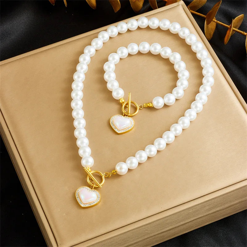 Vintage Gold-plated OT Buckle Chain Stainless Steel Bracelet Necklace Shell Starfish Pendant Pearl Jewelry Set for Women