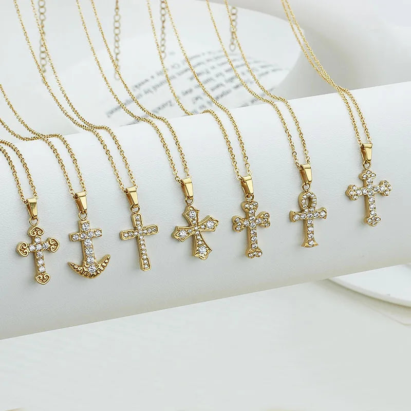 Zircon Cross Pendant Necklace for Women Religious Jewelry God Lords Prayer Gold Cross Necklaces for Women Valentines Day Gifts