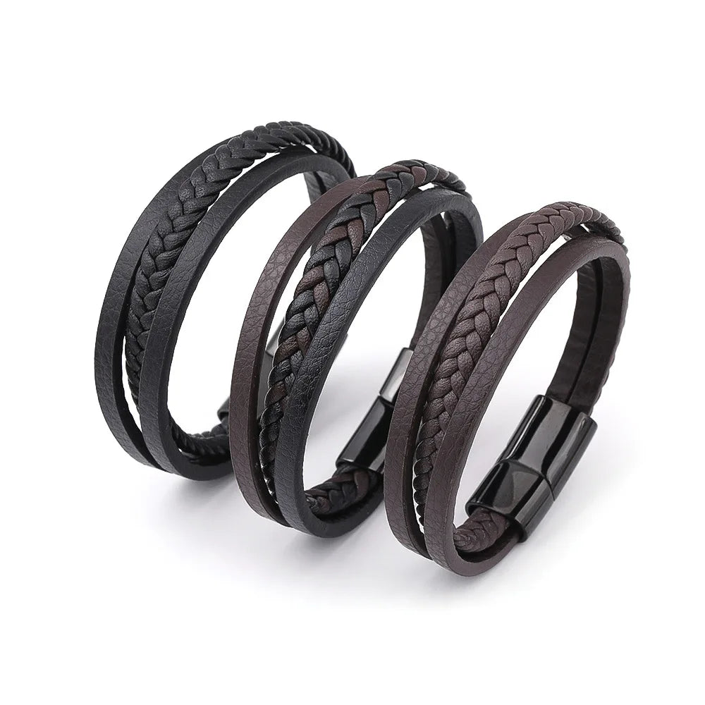 Hot Selling Stainless Steel Clasp Multi Layer Real Genuine Leather Bracelet Jewelry for Men
