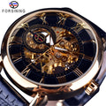 Forsining 8099 Fashion Engraving Black Gold Case Leather Skeleton Hand-wind Mechanical Watches Men Fashion Brand Heren Horloge