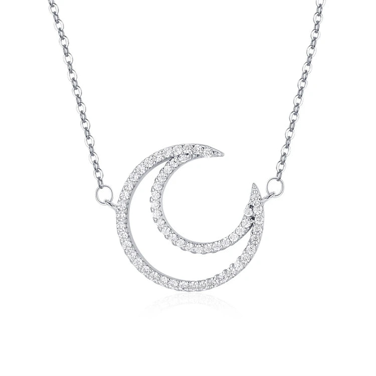 Fine 925 Sterling Silver Full Diamond Hollow Moon Shape Pendant Necklace