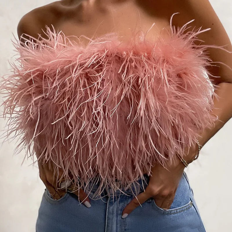 Jancoco Feather Fur Tank Tops Strapless Sleeveless Wraps Feather Tube Tops Women Black Ostrich Feather Crop Top