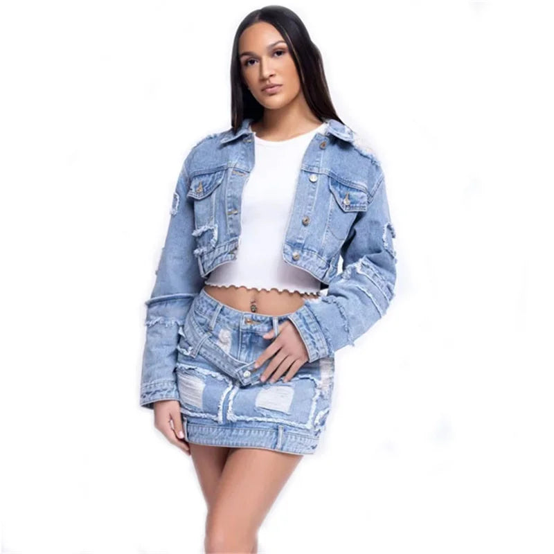KY Wholesale Summer Suits New With Button Denim Cargo Pants Women Denim Jacket for Women