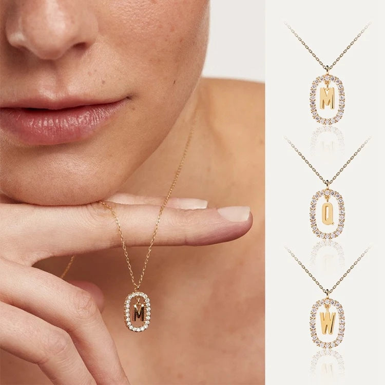 Copper Color Preserving Hollow Oval 26 Letter Necklace Minimalist Temperament Versatile Sweater Chain